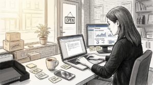 Home 15 Small Business Owner At Desk Monitoring Digital Marketing