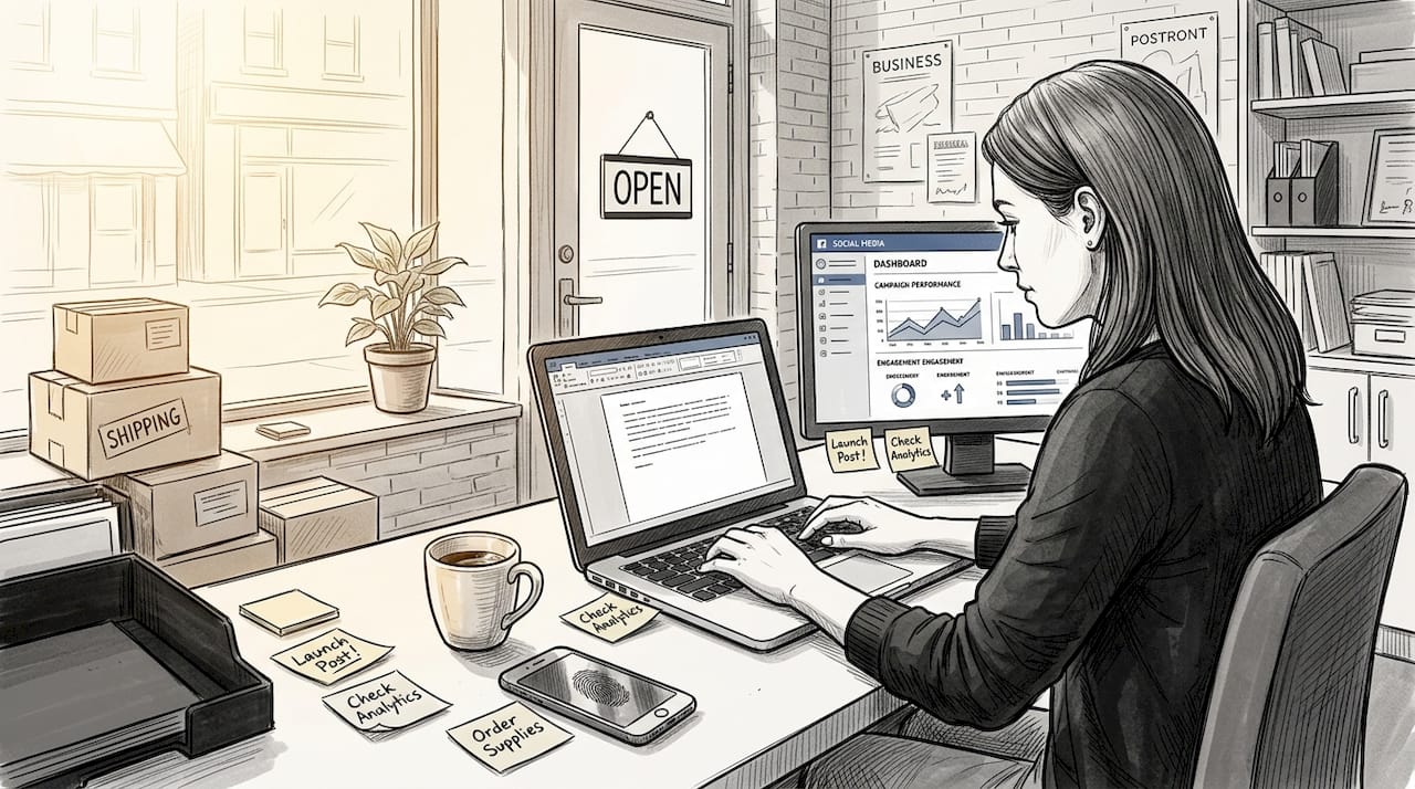 Small Business Owner At Desk Monitoring Digital Marketing