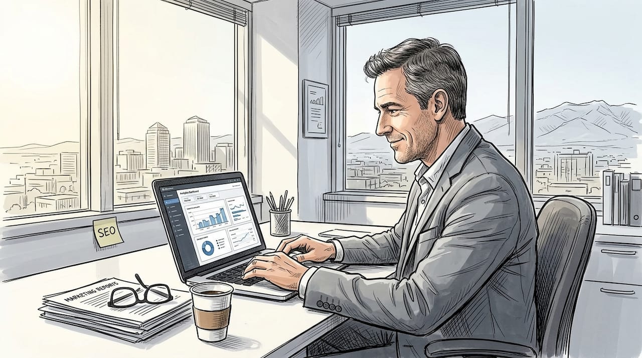 Business Owner Reviewing Marketing Dashboard Office