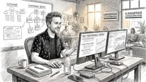 Marketing Specialist Reviewing Seo Audit At Desk