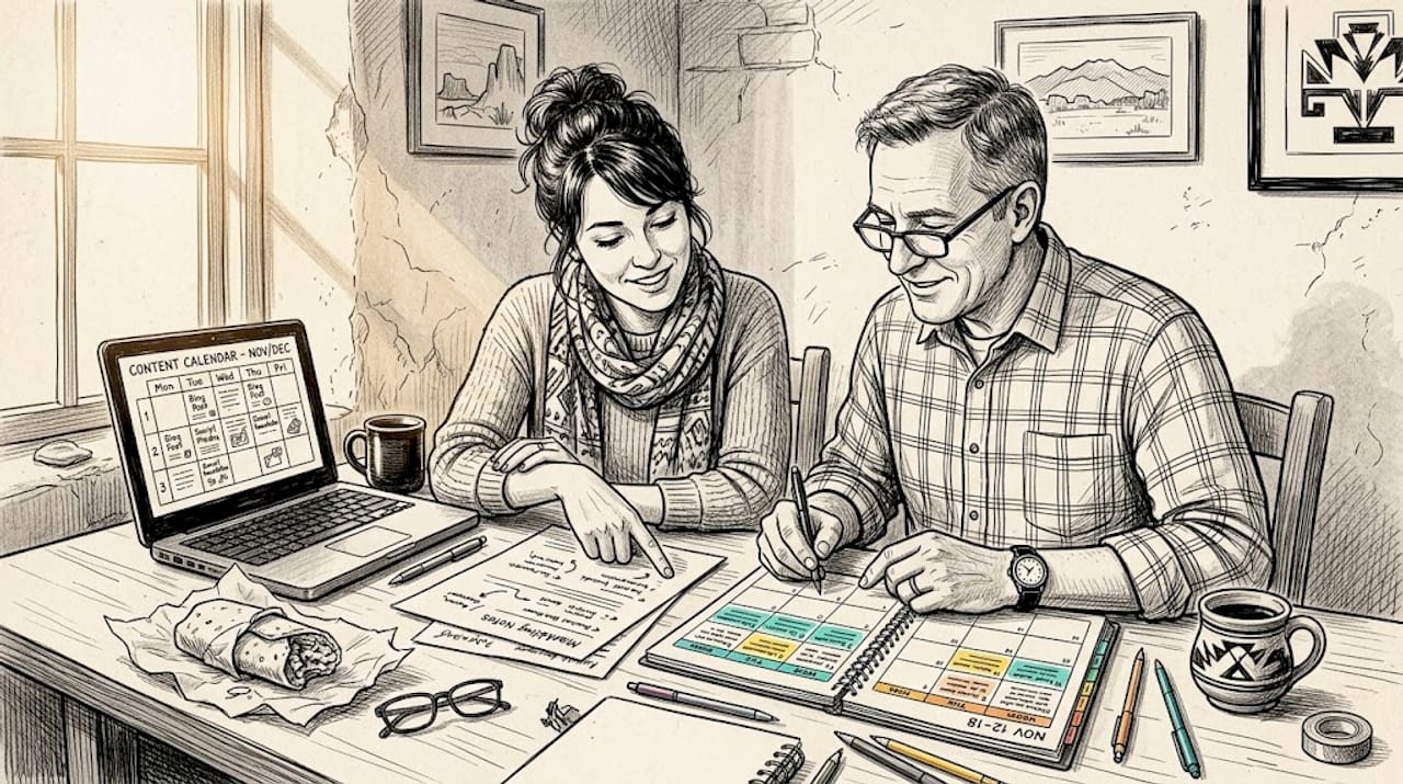 Business Owners Reviewing Marketing Plan In Albuquerque Café