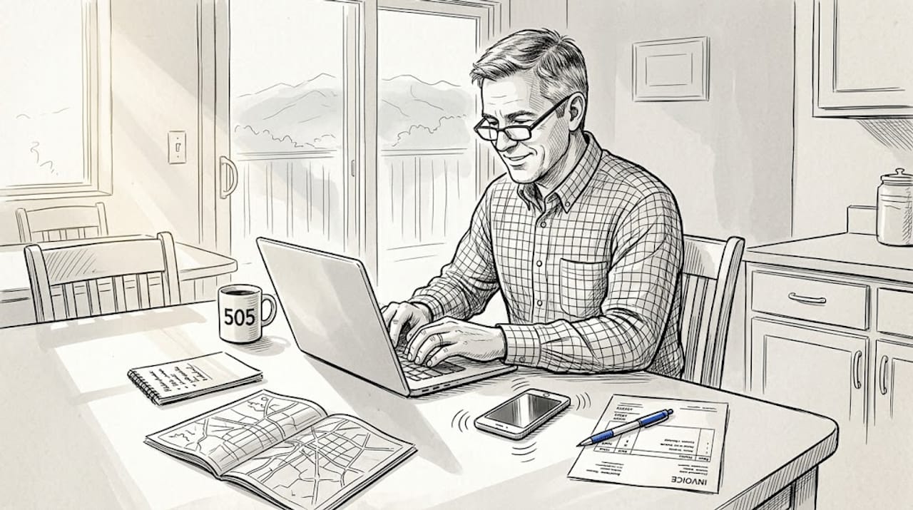 Albuquerque Business Owner Updating Website At Kitchen Table