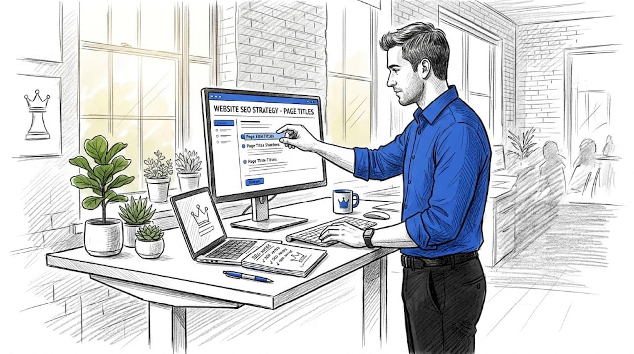 Marketer Optimizing Title Tags In Coworking Office