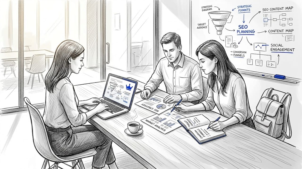 Team Reviewing Digital Marketing Strategy Materials