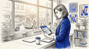 Home 13 Business Owner Checking Tablet In Street-Facing Office