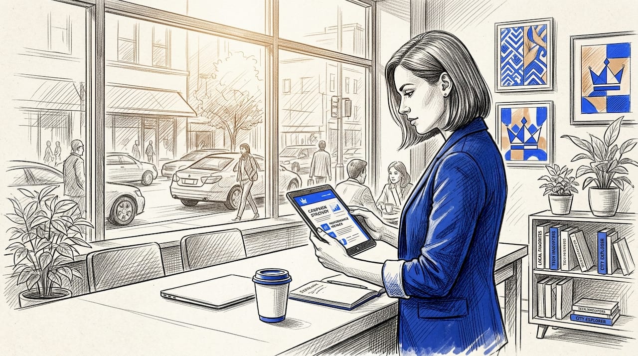 Business Owner Checking Tablet In Street-Facing Office