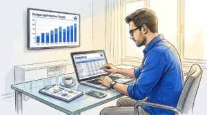 Marketing Manager Adjusting Budget Spreadsheet In Home Office