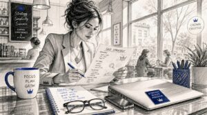 Business Owner Reviewing White Hat Seo Notes In Home Office