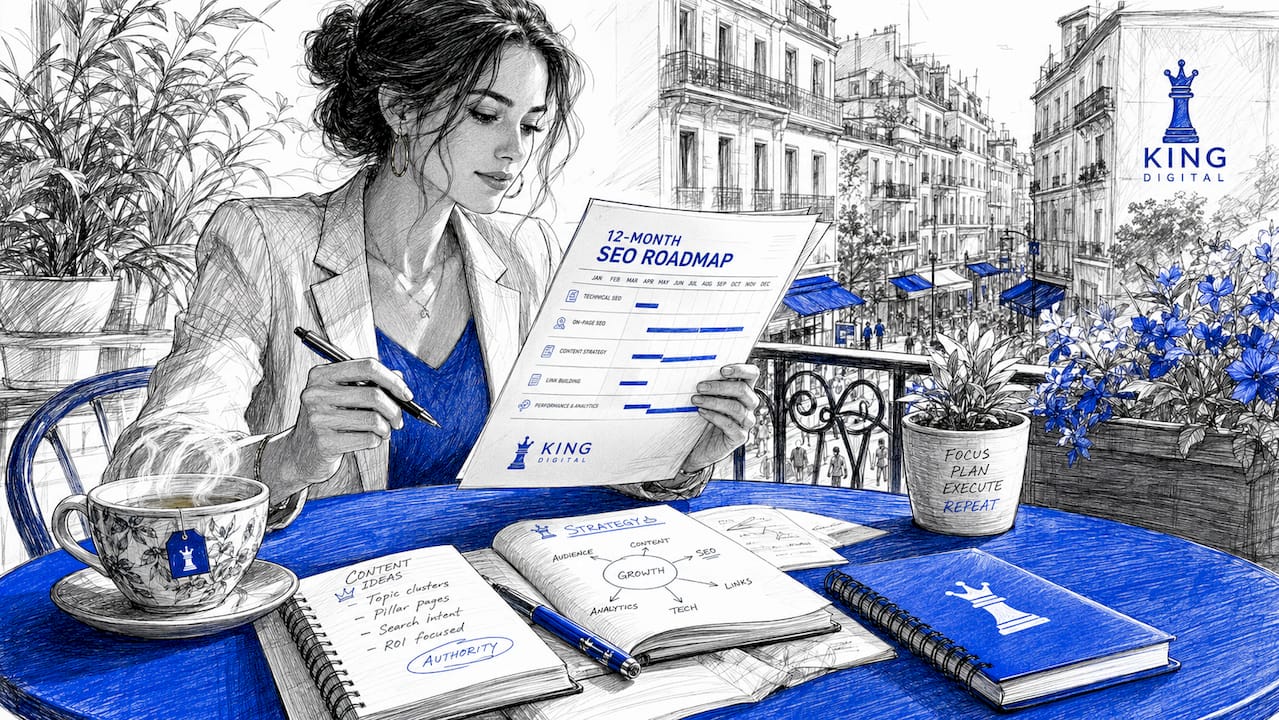 Strategist Reviewing Printed Seo Roadmap Document