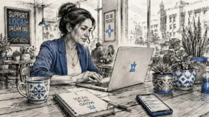 Albuquerque Business Owner Working On Laptop In Local Coffee Shop