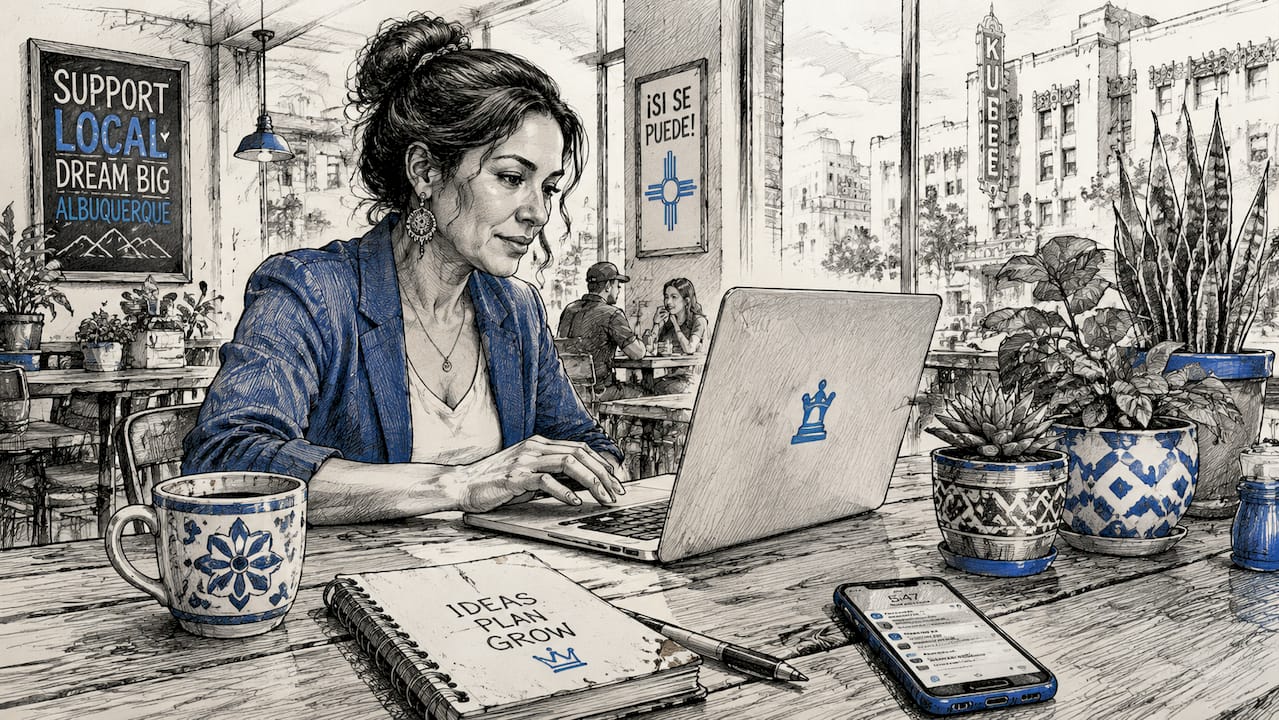 Albuquerque Business Owner Working On Laptop In Local Coffee Shop