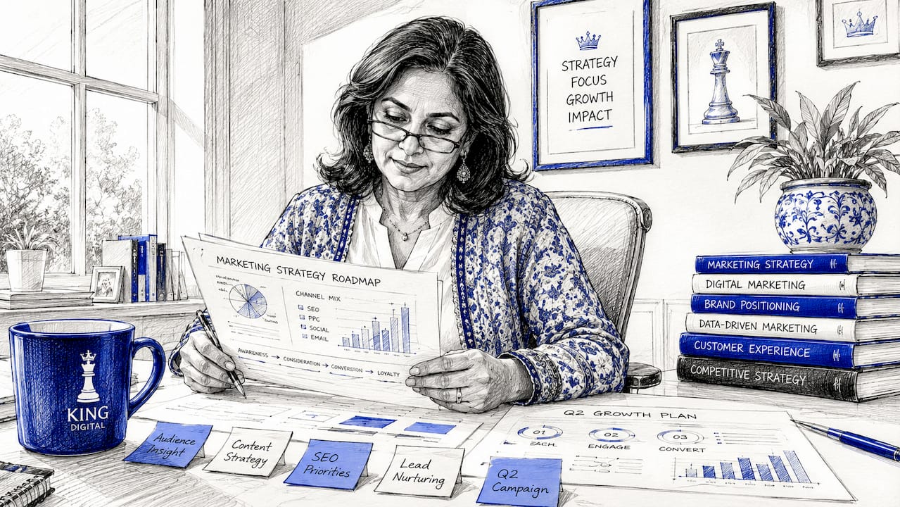 Woman Strategist Reviewing Marketing Plans In Office
