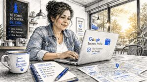 Business Owner Setting Up Google Profile At Desk
