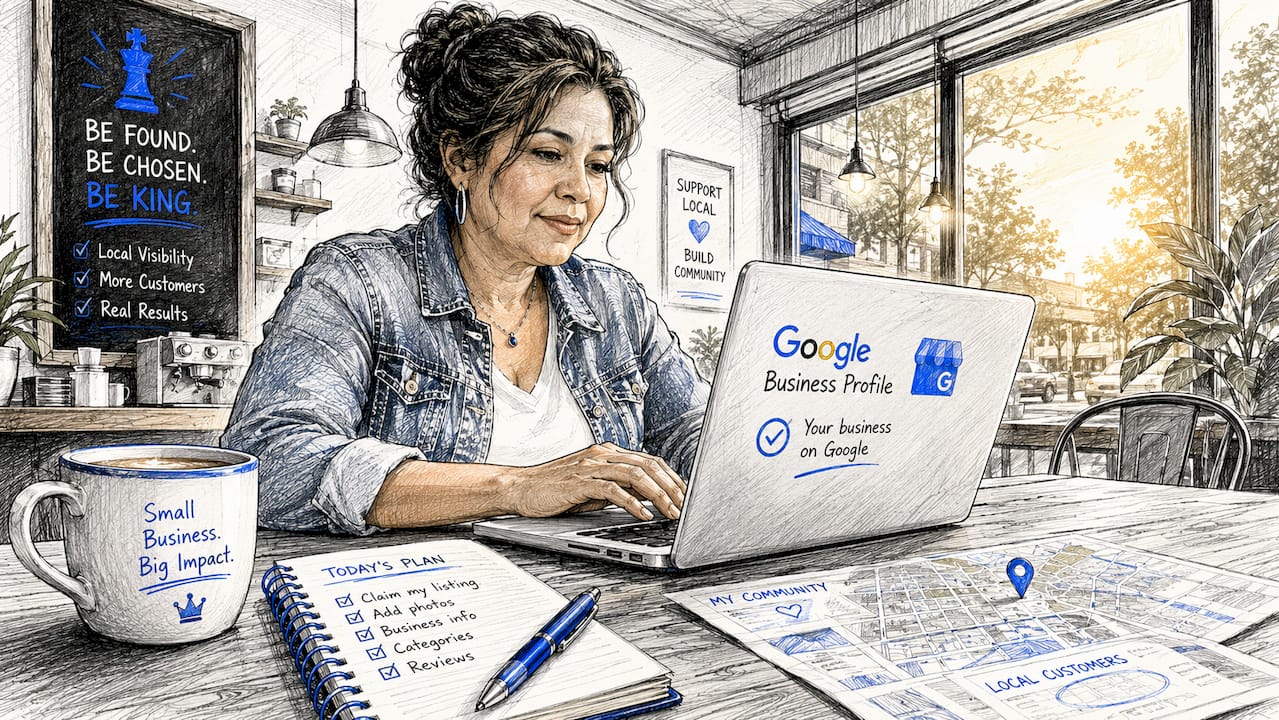 Business Owner Setting Up Google Profile At Desk