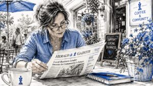 Local Business Owner Reading Community Newspaper