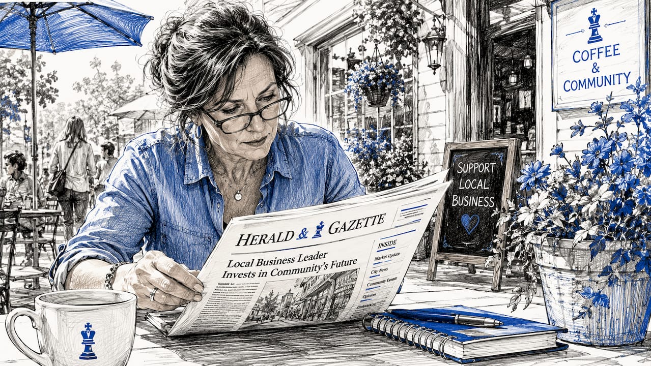 Local Business Owner Reading Community Newspaper