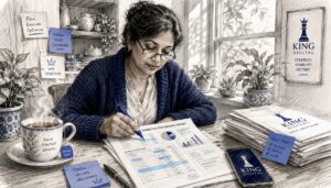 Woman Reviewing Marketing Reports At Home Desk