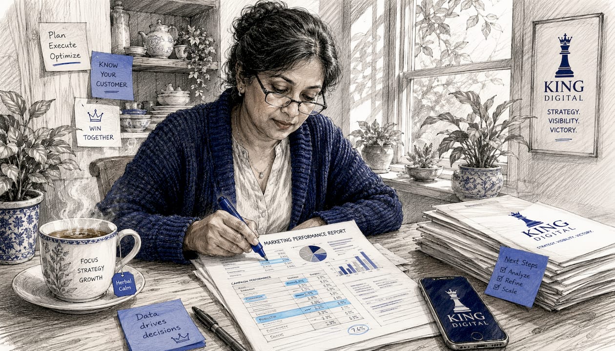 Woman Reviewing Marketing Reports At Home Desk