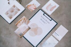 Brand Identity Copywriting Creative Workspace With Brand Guidelines And Copy Drafts