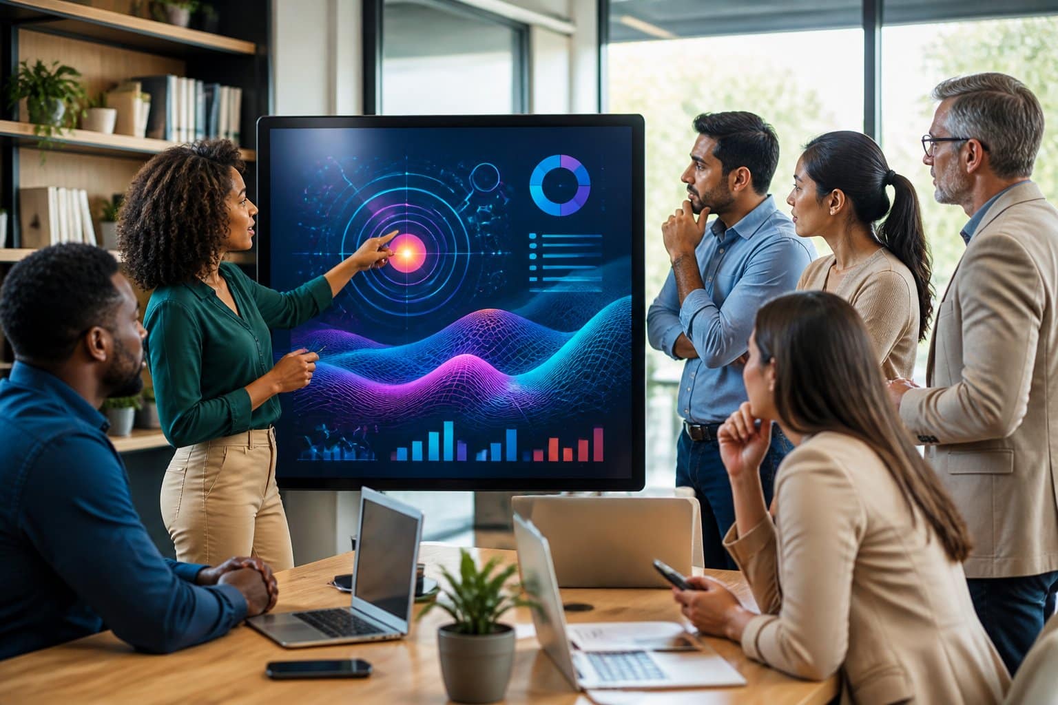 A Group Of Business Professionals Collaborating Around A Digital Touchscreen Display In A Modern Office.