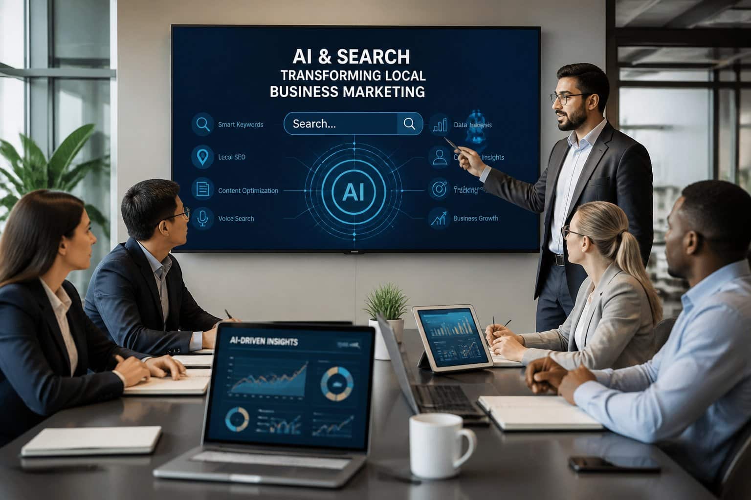 A Group Of Business Professionals Collaborating Around A Conference Table With Digital Devices And A Large Screen Displaying Ai-Related Graphics.