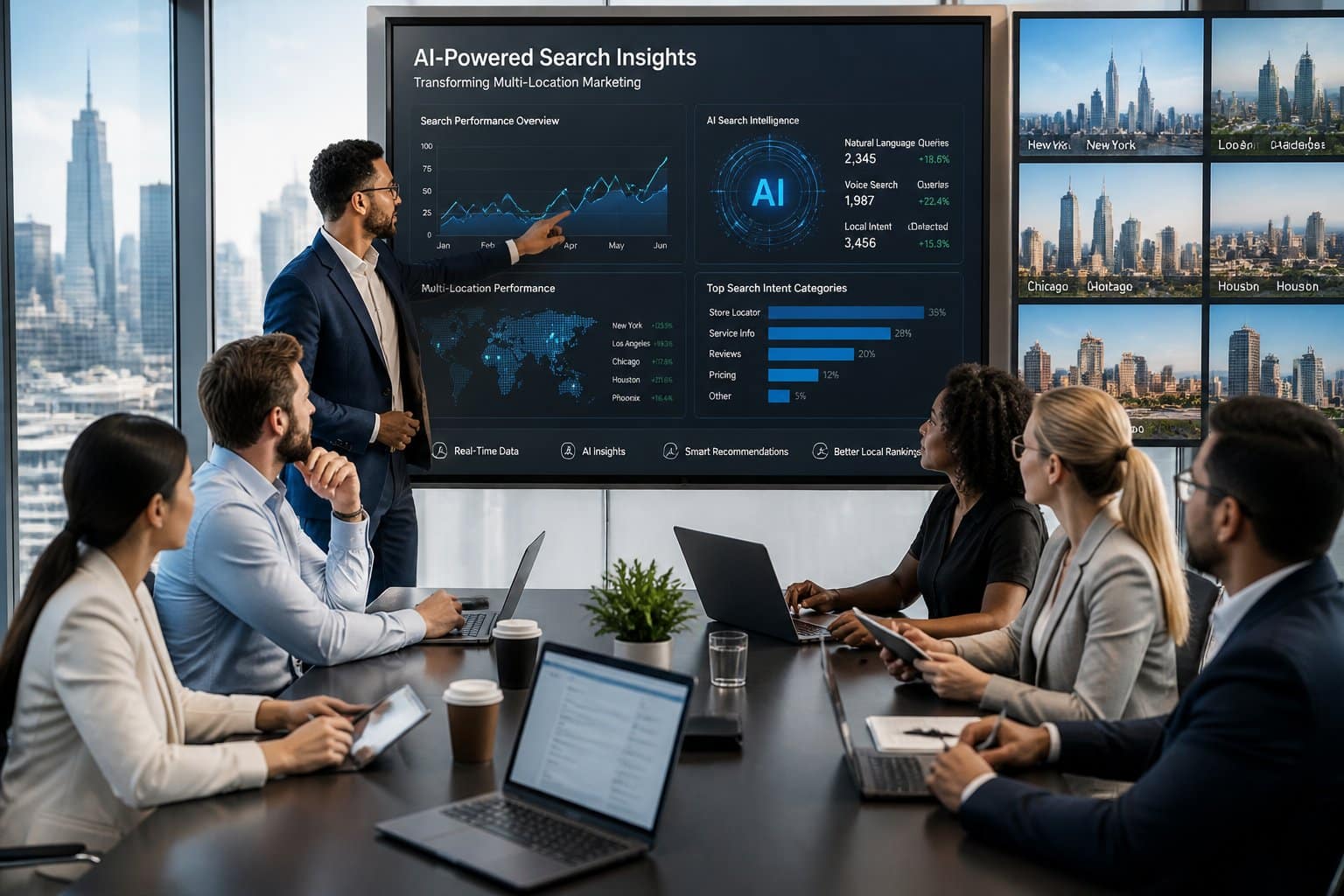 Business Professionals In An Office Analyzing Ai Data On A Large Screen With City Views In The Background.