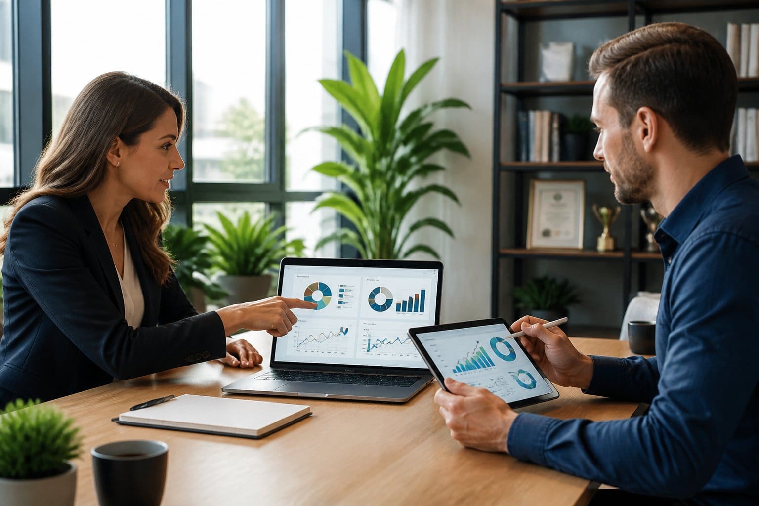 Two Business Professionals Discussing Website Analytics And Local Business Growth In A Modern Office.