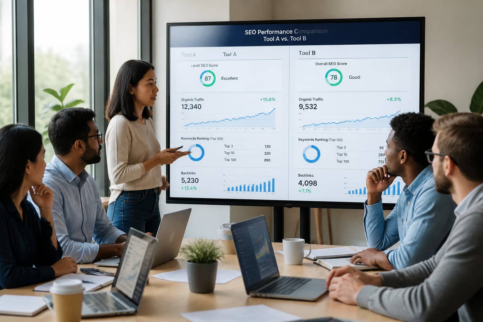 A Team Of Professionals Discussing Seo Analytics And Performance Data Around A Desk With Computers In A Modern Office.