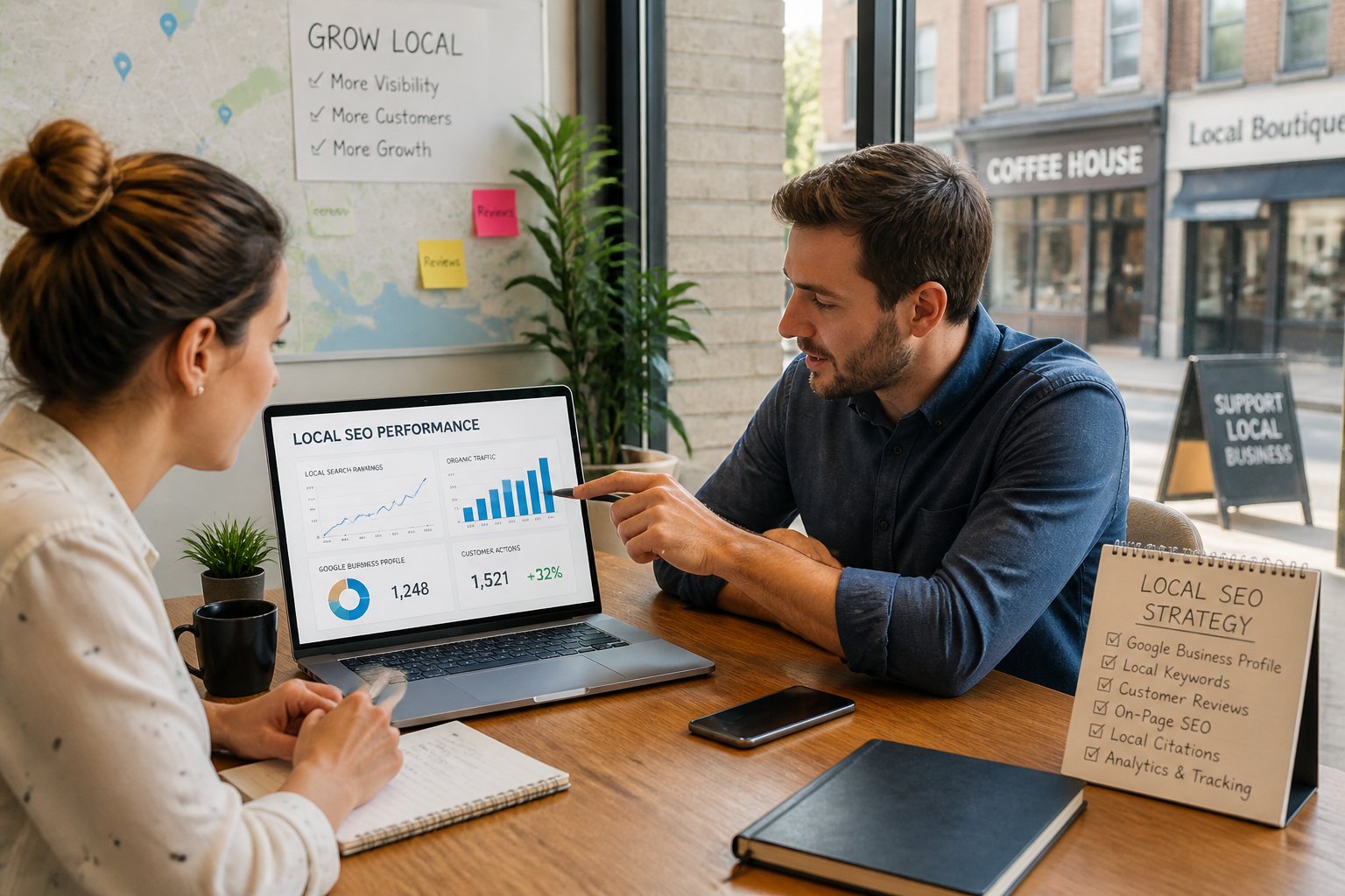 Two Business Professionals Discussing Seo Data On A Laptop In A Small Office With Local Business Elements Visible Through A Window.