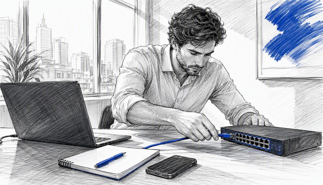 Hands Connecting Ethernet Cable In Office