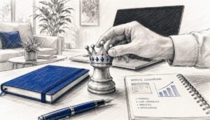 Chess Crown On Desk Near Dark Computer Screen