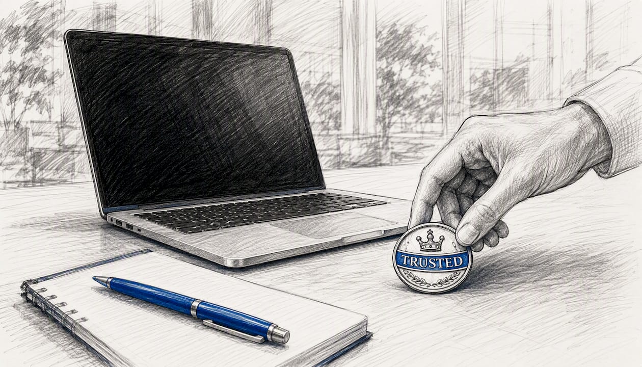 Trust Badge Placed Near Empty Notebook On Desk