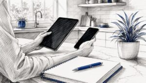 Hands Cross-Referencing Local Keyword Research Devices