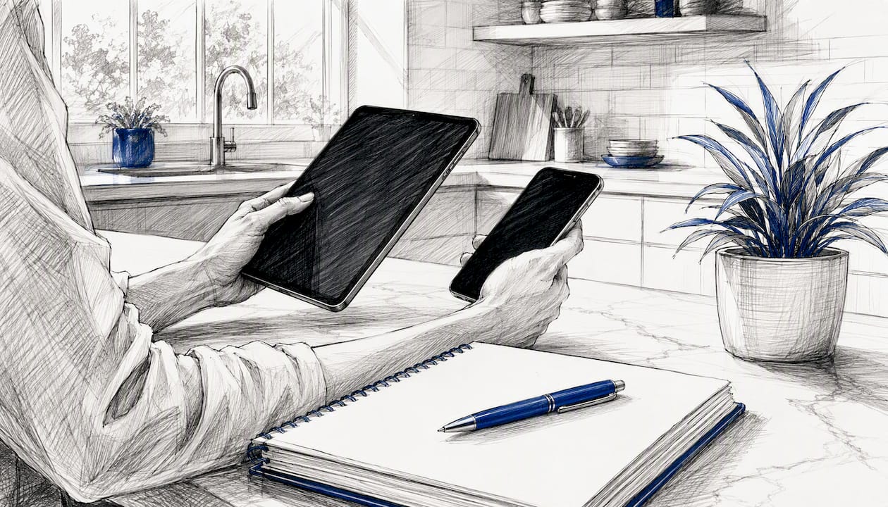 Hands Cross-Referencing Local Keyword Research Devices