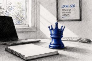 Chess Crown And Laptop Edge On A Desk