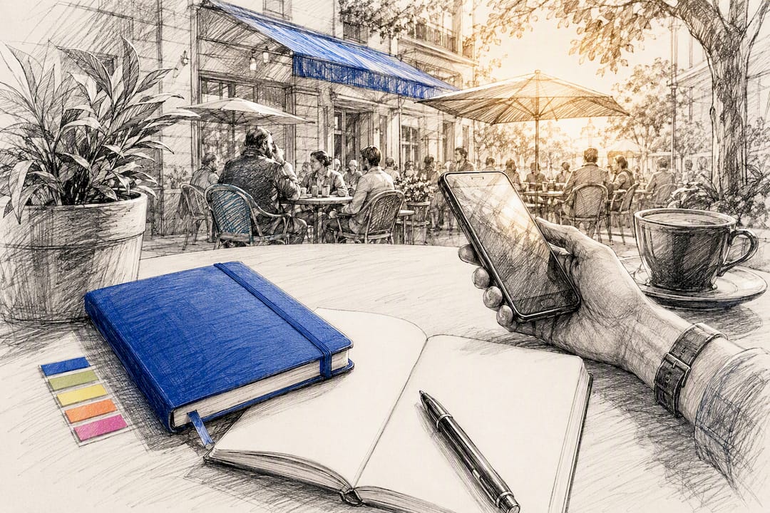 Hands Holding Smartphone With Notebook And Tabs