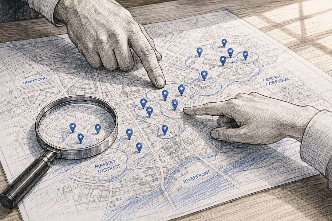 Magnifying Glass Over Business Map