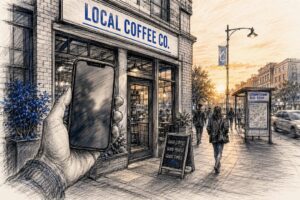 Hand Holding Phone Near Local Shop Exterior