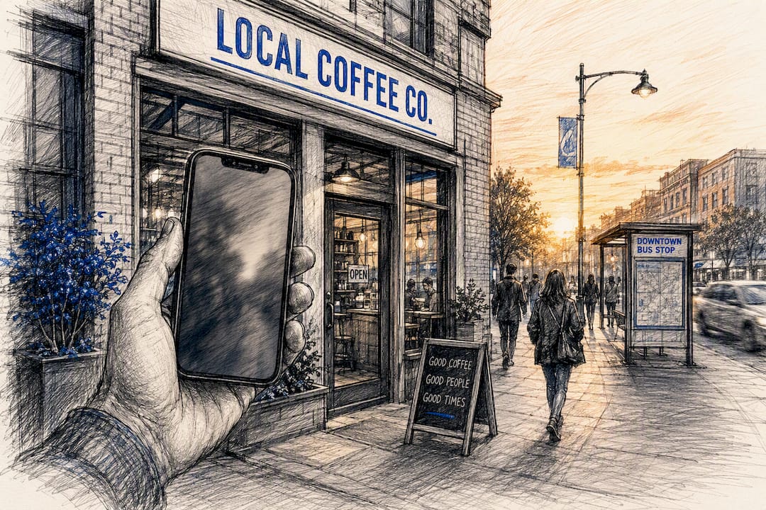 Hand Holding Phone Near Local Shop Exterior