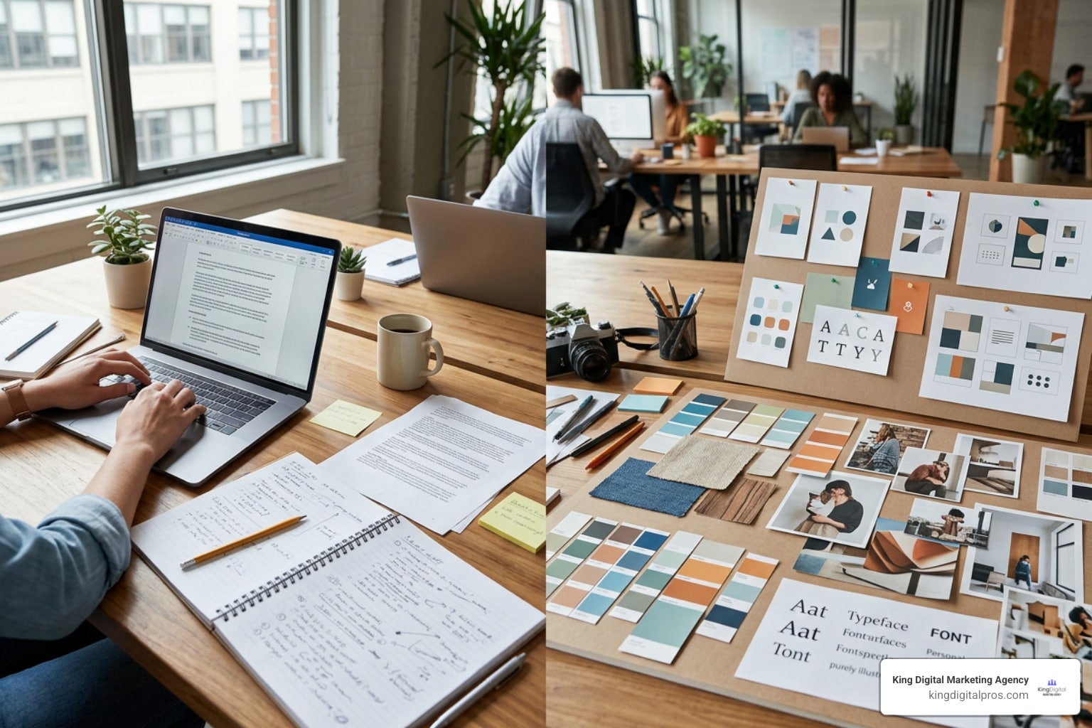 Split Workspace Showing Marketing Copywriting Drafts Alongside Graphic Design Moodboards