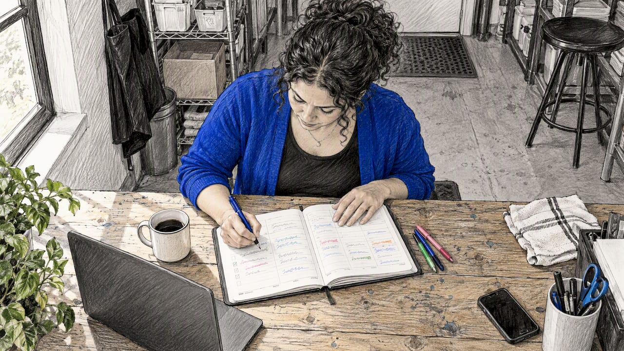 Small Business Owner Planning Weekly Social Posts